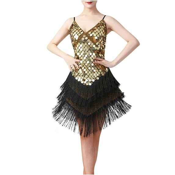 Oplxuo Women's Sequins Tassels Latin Dress, 1920s Vintage Gatsby Party Flapper Dress Sexy Tango Ballroom Rumba Dance Costumes