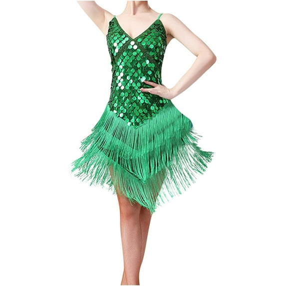 Oplxuo Women's Sequins Tassels Latin Dress, 1920s Vintage Gatsby Party Flapper Dress Sexy Tango Ballroom Rumba Dance Costumes