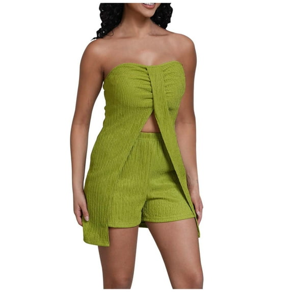 Oplxuo Women's Sexy 2 Piece Outfits 2025 Summer Split Front Strapless Bandeau Tube Top Matching Shorts Clubwear Sets