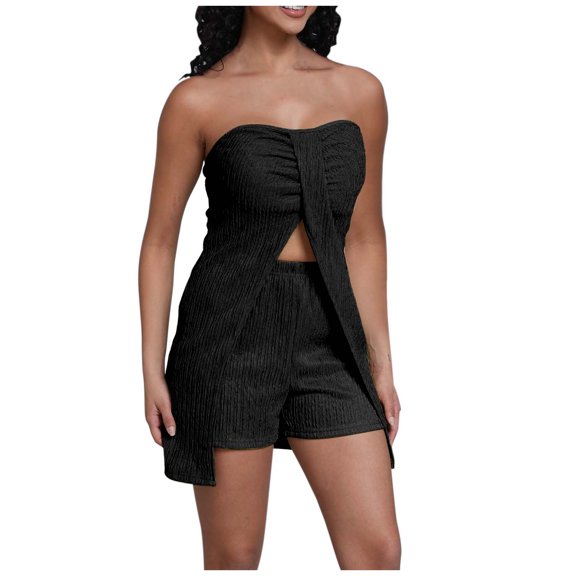 Oplxuo Women's Sexy 2 Piece Outfits 2025 Summer Split Front Strapless Bandeau Tube Top Matching Shorts Clubwear Sets