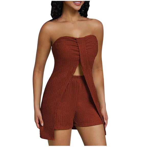 Oplxuo Women's Sexy 2 Piece Outfits 2025 Summer Split Front Strapless Bandeau Tube Top Matching Shorts Clubwear Sets