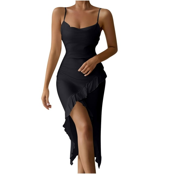 Oplxuo Women's Sexy Cowl Neck Satin Slit Bodycon Dresses Elegant Ruffle Spaghetti Straps 2025 Summer Cocktail Party Dress
