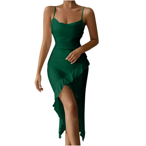 Oplxuo Women's Sexy Cowl Neck Satin Slit Bodycon Dresses Elegant Ruffle Spaghetti Straps 2025 Summer Cocktail Party Dress