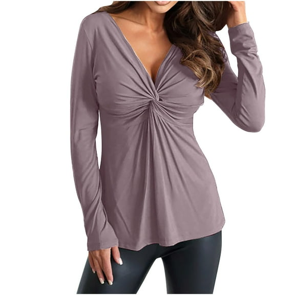 Oplxuo Women's Sexy Deep V Twist Front Tunic Blouses, Dressy Casual Long Sleeve Tops Business Office T-shirts