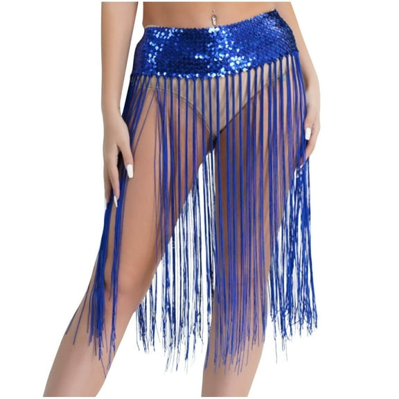 Oplxuo Women's Sexy Fringe Tassel Skirt Sparkly Sequin Patchwork Belly Dance Cover Up Skirt Hip Scarf Rave Costume