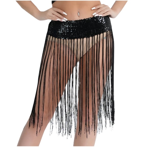 Oplxuo Women's Sexy Fringe Tassel Skirt Sparkly Sequin Patchwork Belly Dance Cover Up Skirt Hip Scarf Rave Costume