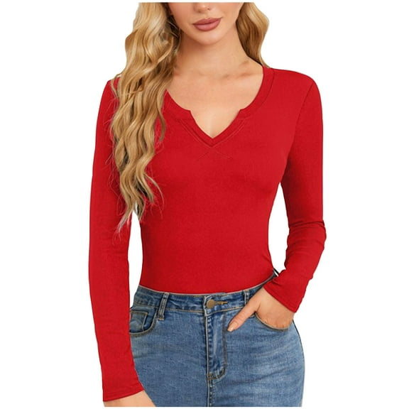 Oplxuo Women's Sexy Low Cut Ribbed Knit Shirts - 2024 Fall Winter Slim Fit V Neck Long Sleeve Pullover Casual Sweaters