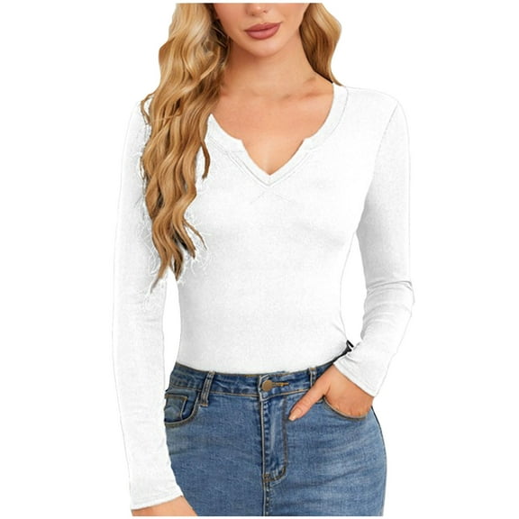 Oplxuo Women's Sexy Low Cut Ribbed Knit Shirts - 2024 Fall Winter Slim Fit V Neck Long Sleeve Pullover Casual Sweaters