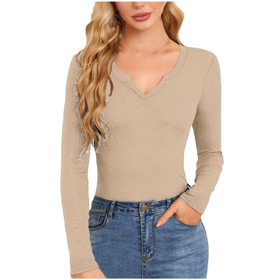 Oplxuo Women's Sexy Low Cut Ribbed Knit Shirts - 2024 Fall Winter Slim Fit V Neck Long Sleeve Pullover Casual Sweaters