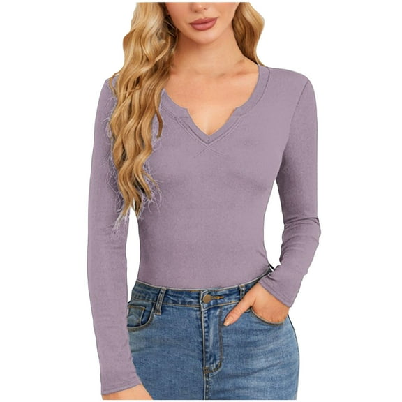 Oplxuo Women's Sexy Low Cut Ribbed Knit Shirts - 2024 Fall Winter Slim Fit V Neck Long Sleeve Pullover Casual Sweaters