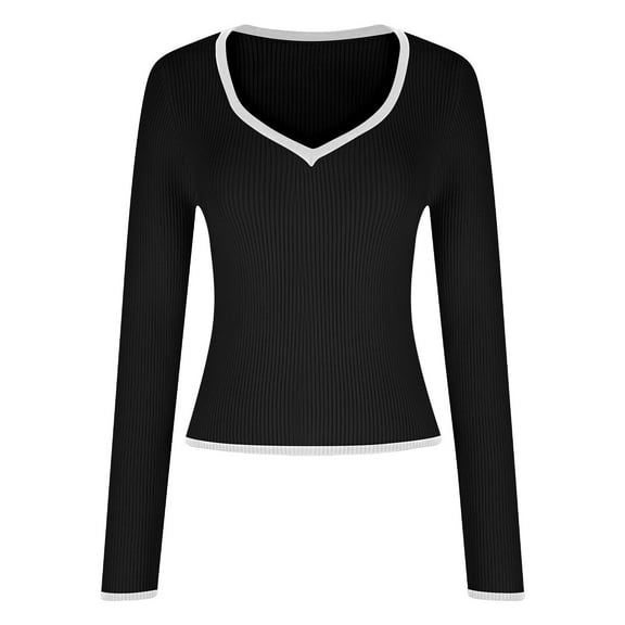 Oplxuo Women's Sexy Low Cut Ribbed Knit Sweaters - 2024 Fall Winter Slim Fit Long Sleeve Pullover Casual Layer Shirts