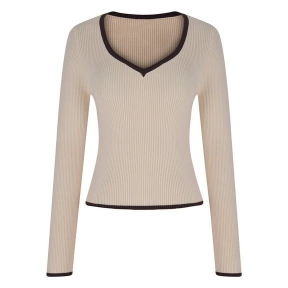 Oplxuo Women's Sexy Low Cut Ribbed Knit Sweaters - 2024 Fall Winter Slim Fit Long Sleeve Pullover Casual Layer Shirts