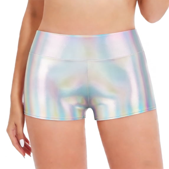 Oplxuo Women's Sexy Metallic Booty Shorts Stretch High Waisted Shiny Rave Festival Dance Bottoms