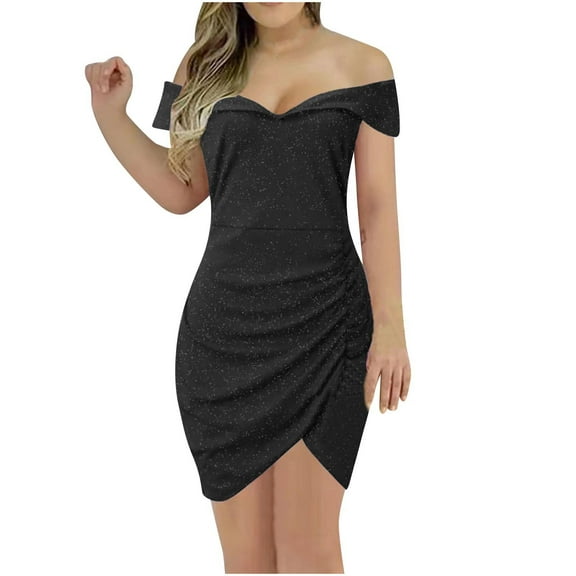 Oplxuo Women's Sexy Off Shoulder Dress Elegant Sequins Ruched Slit Bodycon Mini Formal Evening Wedding Guest Dresses