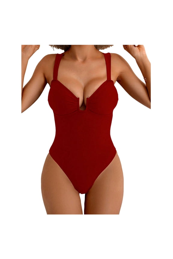 Women's Sexy One Piece Swimsuit Deep V U Wire Padded Tummy Control Bathing Suit Push Up High Cut Monokini Swimwear