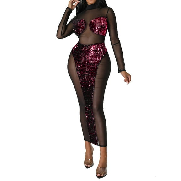 Oplxuo Women's Sexy Sequins Tulle Patchwork Maxi Dresses Long Sleeve Sheer Glitter Bodycon Long Cocktail Party Club Dress