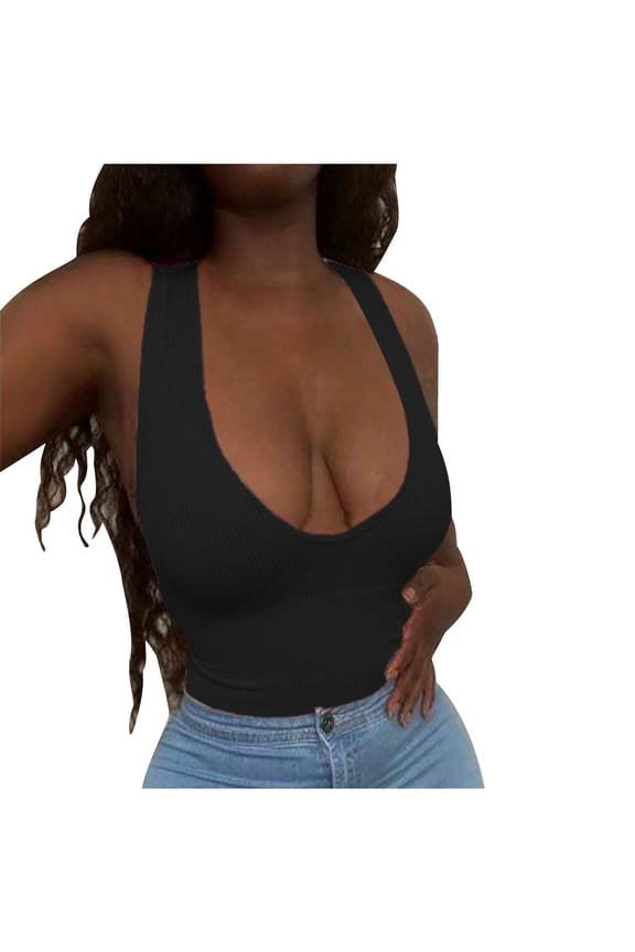 Women's Sexy Sleeveless Seamless Crop Top Deep Plunge V Neck Ribbed Tank Top Plunge Racerback Cropped Tanks
