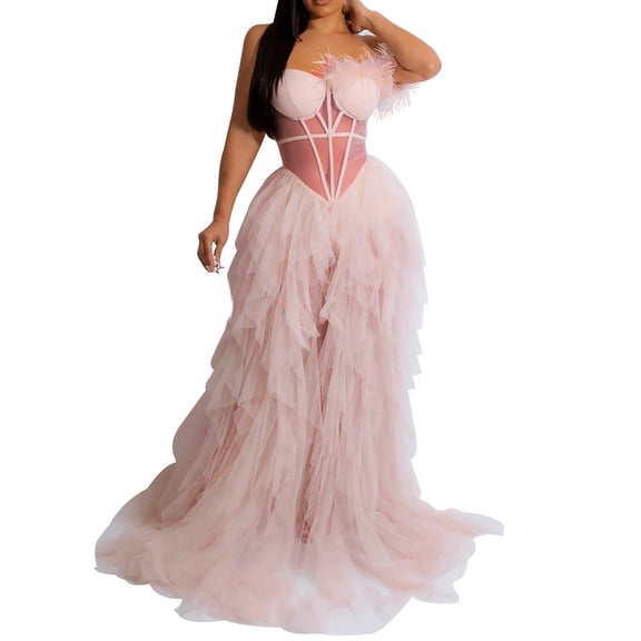 Oplxuo Women's Sexy Strapless Tulle Maxi Dress with Slit, Mesh See Through Corset Tube Sheer Cocktail Party Dresses