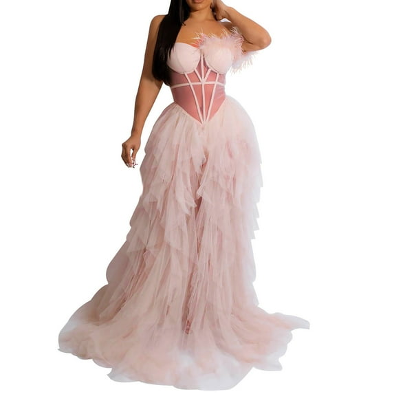 Oplxuo Women's Sexy Strapless Tulle Maxi Dress with Slit, Mesh See Through Corset Tube Sheer Cocktail Party Dresses