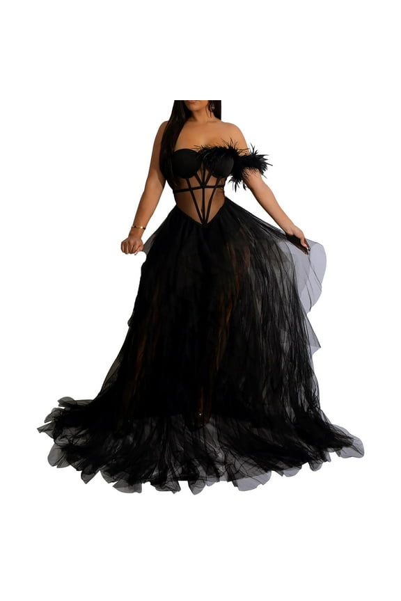Women's Sexy Strapless Tulle Maxi Dress with Slit, Mesh See Through Corset Tube Sheer Cocktail Party Dresses