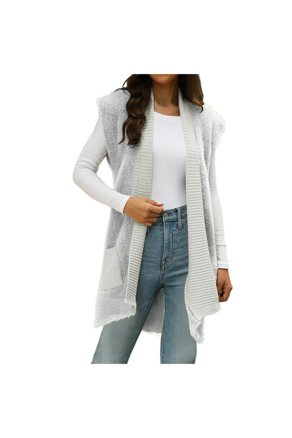 Women's Shawl Long Sweatser Vest Loose Open Front Knitted Cap Sleeve Jackets Outwear with Pockets