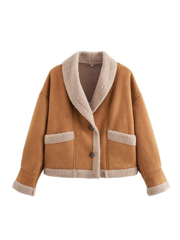 Women's Sherpa Lined Leather Jacket Shawl Faux Suede Fleece Shearling Coat Winter Biker Aviator Outwear with Pockets