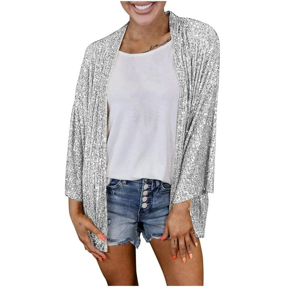 Oplxuo Women's Shiny Sequin Open Front Blazer Irregular Hem Sparkle Long Sleeve Cardigan Jackets