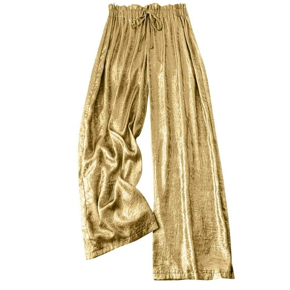 Oplxuo Women's Shiny Wide Leg Party Pants Drawstring Casual High Waisted Lightweight Loose Palazzo Trousers with Pockets