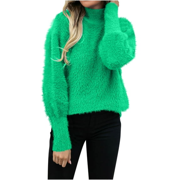 Oplxuo Women's Soft Fuzzy Turtleneck Knit Sweater 2024 Fall Winter Casual Long Sleeve Pullover Loose Jumpers Tops