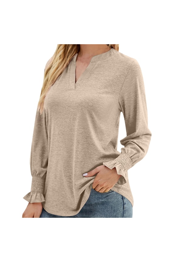 Women's Solid Color Loose V Neck Blouses Dressy Casual Puff Long Sleeve Fall Pullover Shirts Tops with Smocked Cuffs