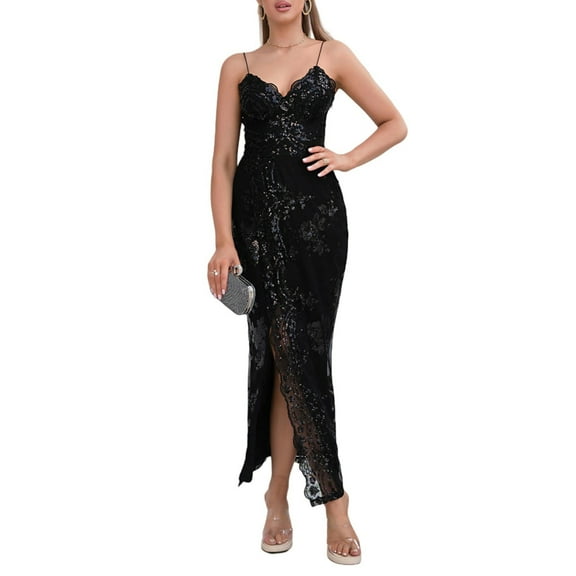 Oplxuo Women's Spaghetti Straps Embroidery Sequins Cocktail Dress, Sexy Lece Trim Slit Sparkly Glitter Formal Evening Dresses