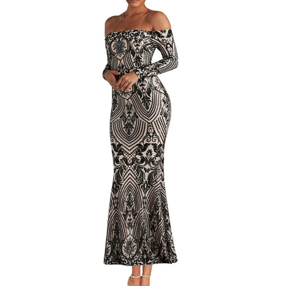 Oplxuo Women's Sparkly Sequin Mermaid Maxi Dress, Sexy Off the Shoulder Long Sleeve Cocktail Party Formal Evening Dresses