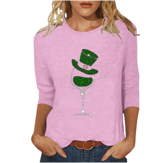 Oplxuo Women's St Patrick's Day Shirts Funny 3/4 Sleeve Green Wineglass Print T-Shirts Crew Neck Saints Tops