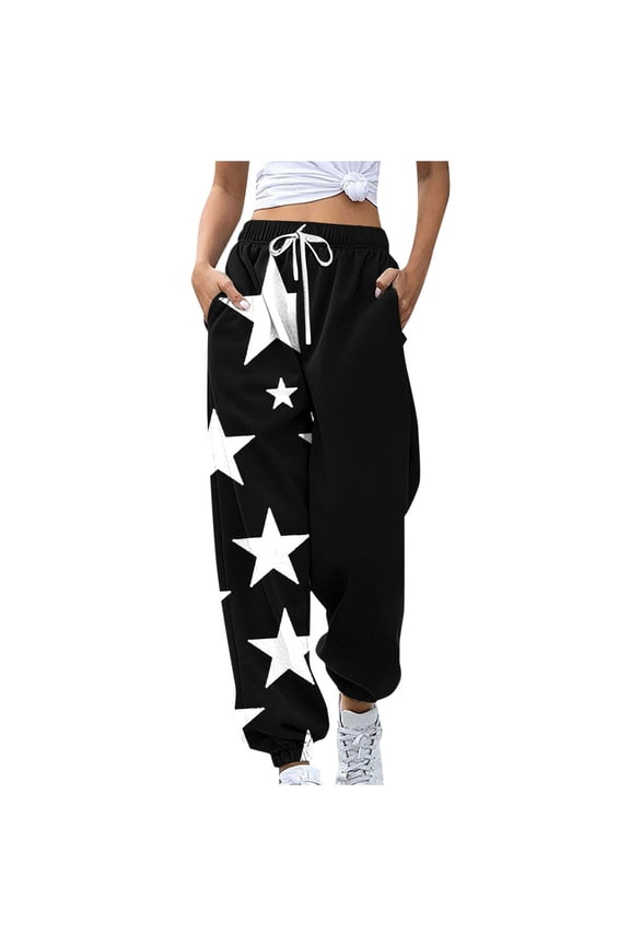 Women's Stars Printed Drawstring Sweatpants - Loose Elastic Waist Joggers Baggy Lounge Track Pants with Pockets