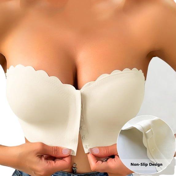 Oplxuo Women's Strapless Front Closure Bra Non-Slip Padded Bandeau Bras Scalloped Trim Seamless Tube Top Bralette