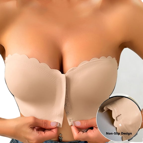 Oplxuo Women's Strapless Front Closure Bra Non-Slip Padded Bandeau Bras Scalloped Trim Seamless Tube Top Bralette