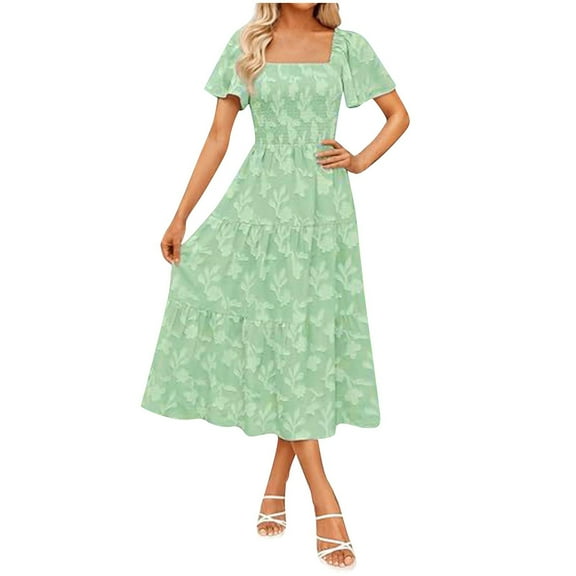 Oplxuo Women‘s Summer Boho Floral Midi Dress 2025 Casual Short Sleeve Square Neck Flowy Beach Vacation Long Dress