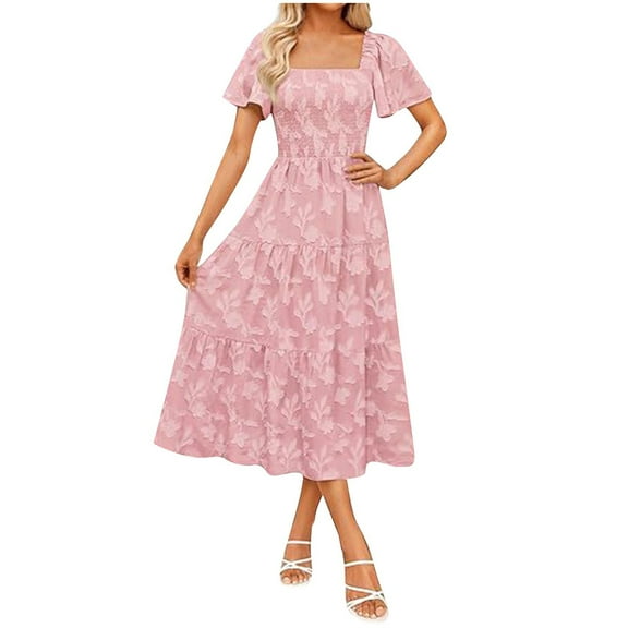 Oplxuo Women‘s Summer Boho Floral Midi Dress 2025 Casual Short Sleeve Square Neck Flowy Beach Vacation Long Dress