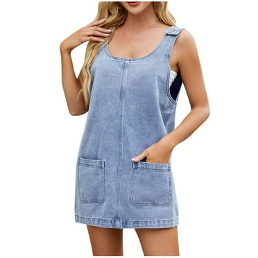 Oplxuo Women's Summer Denim Tank Dress Adjustable Strap Loose Solid Sleeveless Cute Mini Beach Sundresses with Pockets