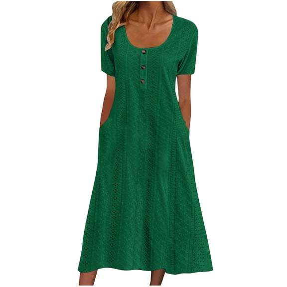 Oplxuo Women's Summer Eyelet Midi Dress Casual Loose Crewneck Short Sleeve A-Line Swing Knee Lenght Dresses with Pockets