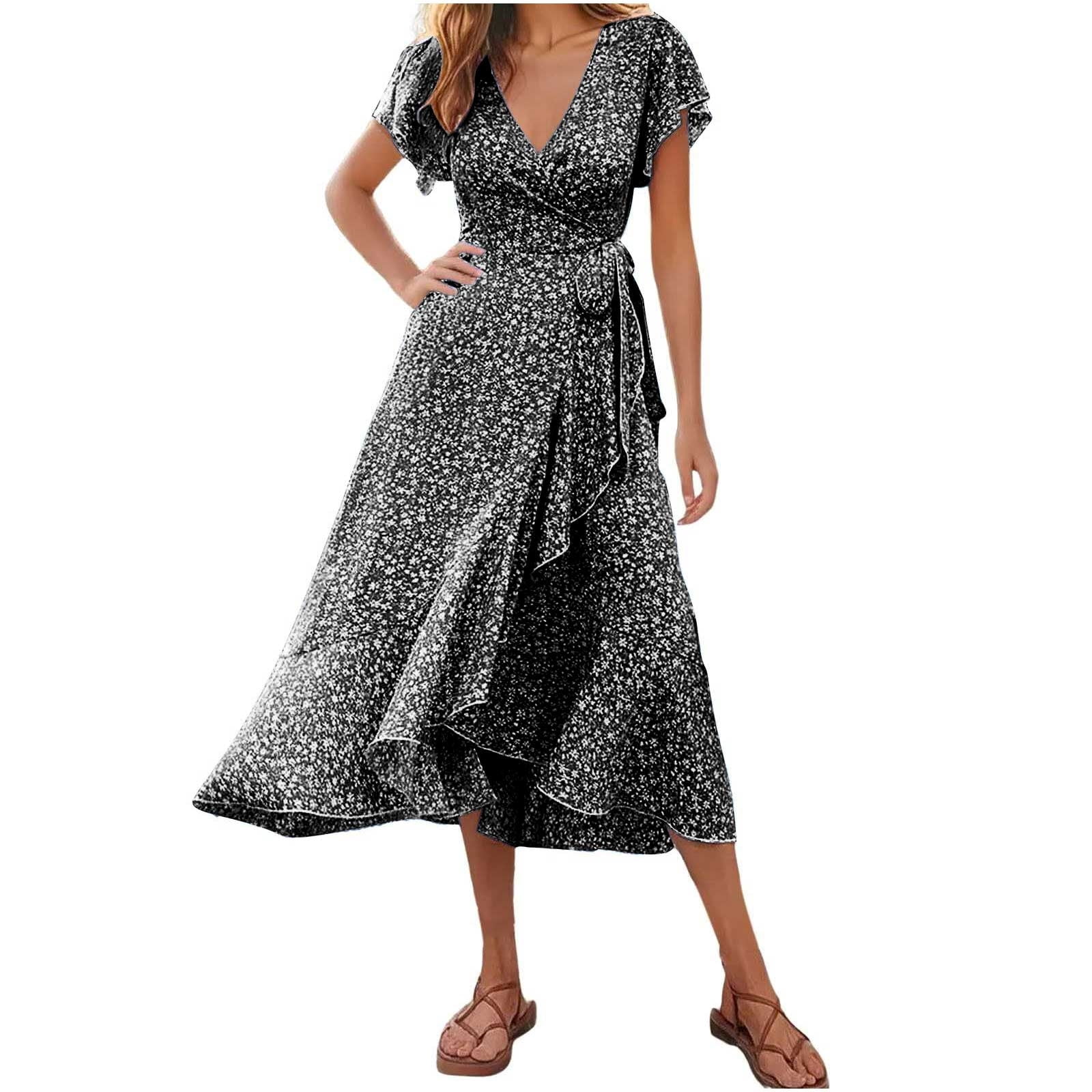 Oplxuo Women's Summer Maxi Dress Casual Wrap Floral Boho Short Sleeve V Neck Split Ruffle Beach Long Dresses Oplxuo Women's Summer Maxi Dress Casual Wrap Floral Boho Short Sleeve V Neck Split Ruffle Beach Long Dresses