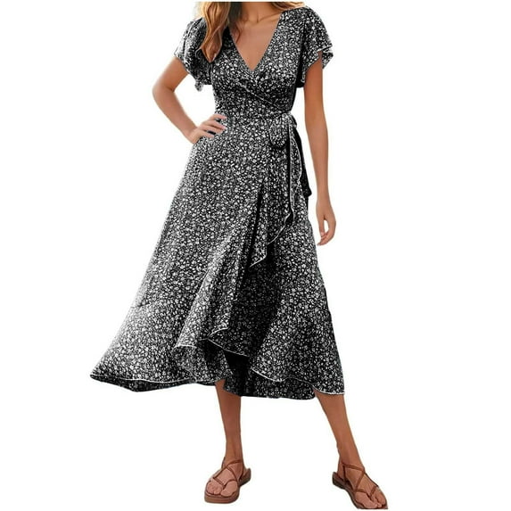 Oplxuo Women's Summer Maxi Dress Casual Wrap Floral Boho Short Sleeve V Neck Split Ruffle Beach Long Dresses