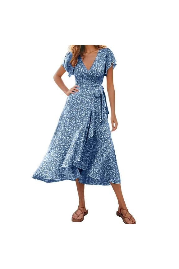 Women's Summer Maxi Dress Casual Wrap Floral Boho Short Sleeve V Neck Split Ruffle Beach Long Dresses