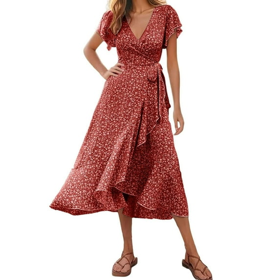 Oplxuo Women's Summer Maxi Dress Casual Wrap Floral Boho Short Sleeve V Neck Split Ruffle Beach Long Dresses
