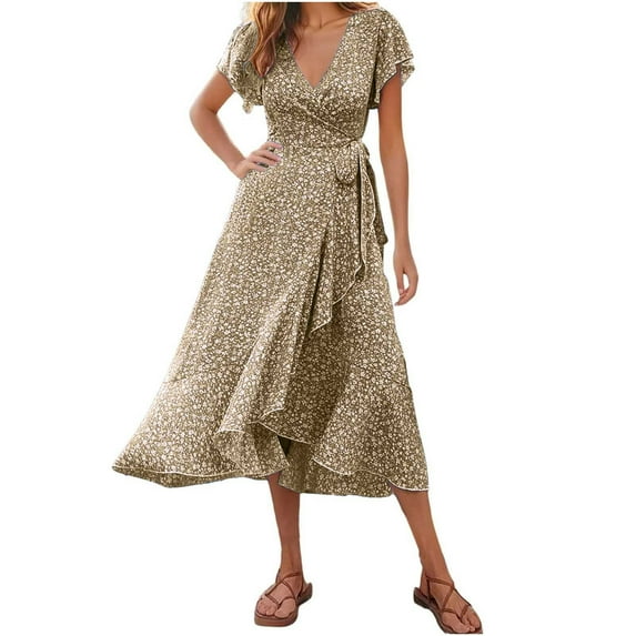 Oplxuo Women's Summer Maxi Dress Casual Wrap Floral Boho Short Sleeve V Neck Split Ruffle Beach Long Dresses