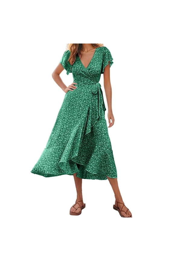 Women's Summer Maxi Dress Casual Wrap Floral Boho Short Sleeve V Neck Split Ruffle Beach Long Dresses