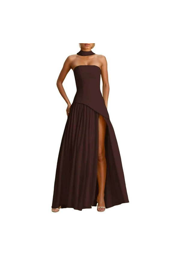 Women's Summer Strapless Flowy Maxi Dress Tube Bodycon Split A Line Long Party Dresses