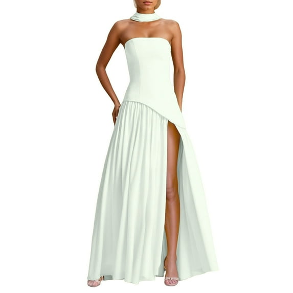 Oplxuo Women's Summer Strapless Flowy Maxi Dress Tube Bodycon Split A Line Long Party Dresses