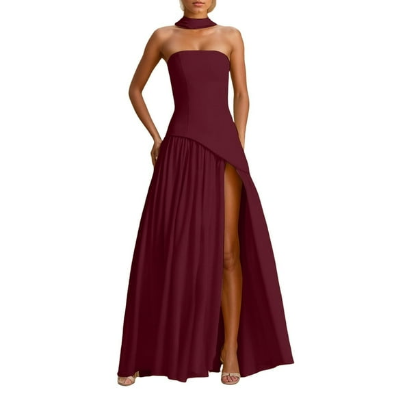 Oplxuo Women's Summer Strapless Flowy Maxi Dress Tube Bodycon Split A Line Long Party Dresses