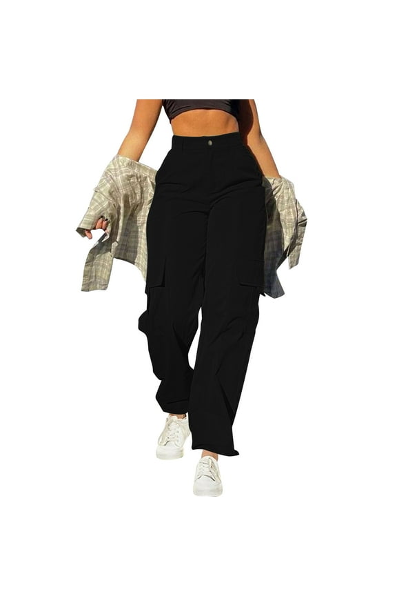 Women's Super High Waisted Cargo Pants - Straight Leg Casual Stretch Streetwear Parachute Pants with Multi-Pockets